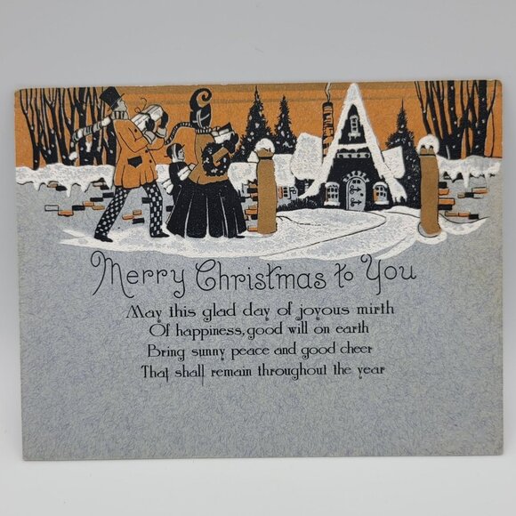 Merry Christmas Folded Vintage Card Snowy Scene Holiday Cheer Orange Textured - Picture 1 of 7